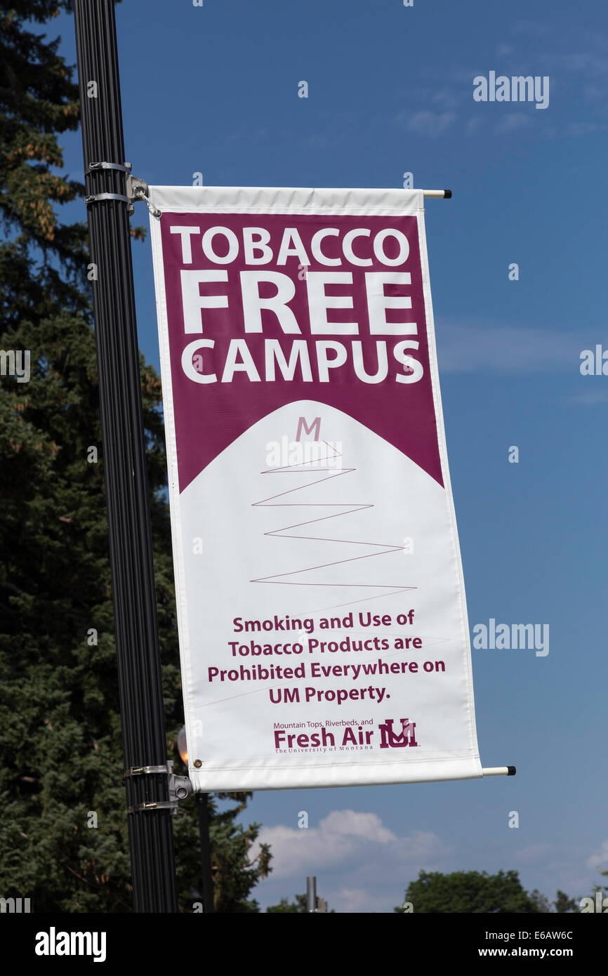 Tabak frei Campus Zeichen an der Universität von Montana Campus, Missoula, Montana, USA Stockfoto