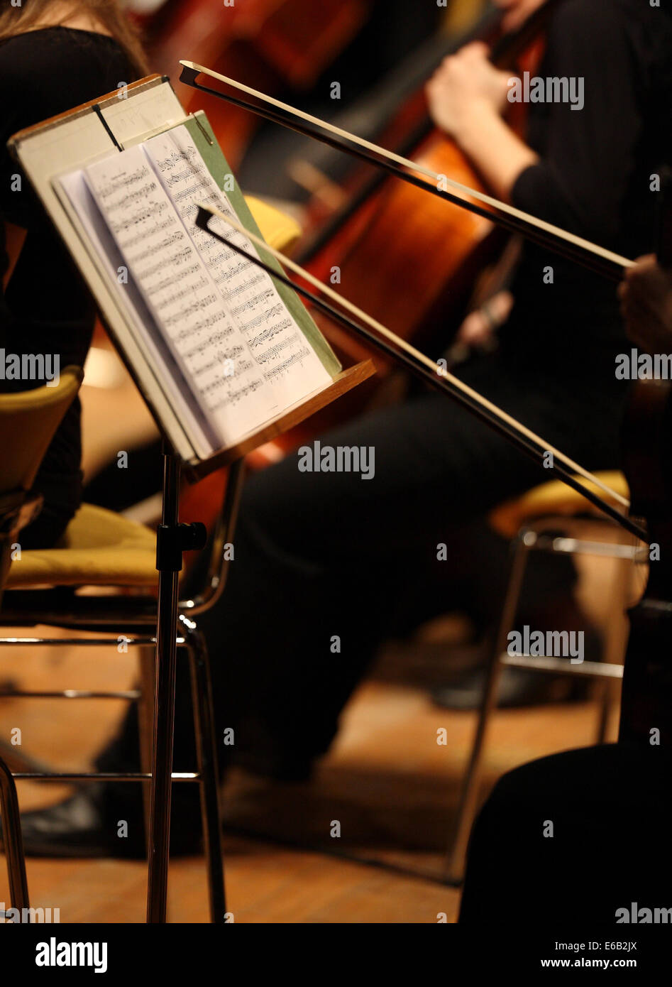 Geigenbogen, Musiker, Orchester, Notenpulte Stockfoto