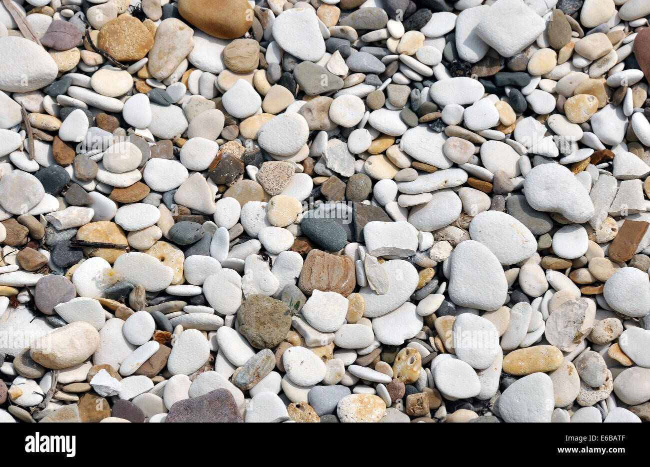 Nahaufnahme der glatte Kieselsteine am Strand. Macht ein ideales Hintergrundbild für nautischen Themen. Stockfoto