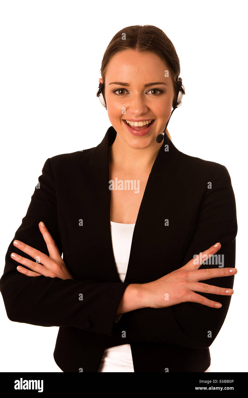 Preety glücklich asiatischen kaukasischen Geschäftsfrau mit Kopfhörer, isoliert Stockfoto