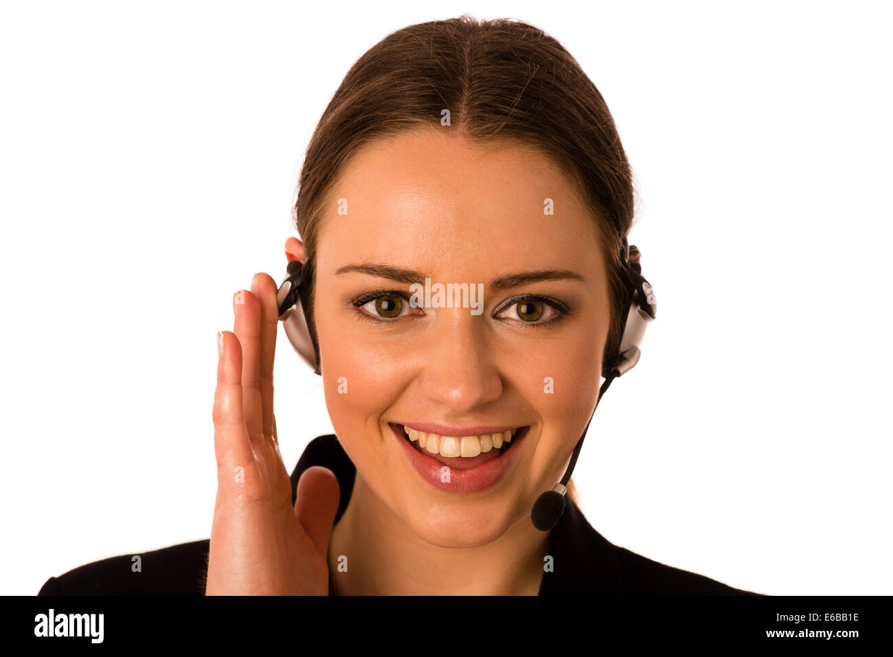 Preety glücklich asiatischen kaukasischen Geschäftsfrau mit Kopfhörer, isoliert Stockfoto