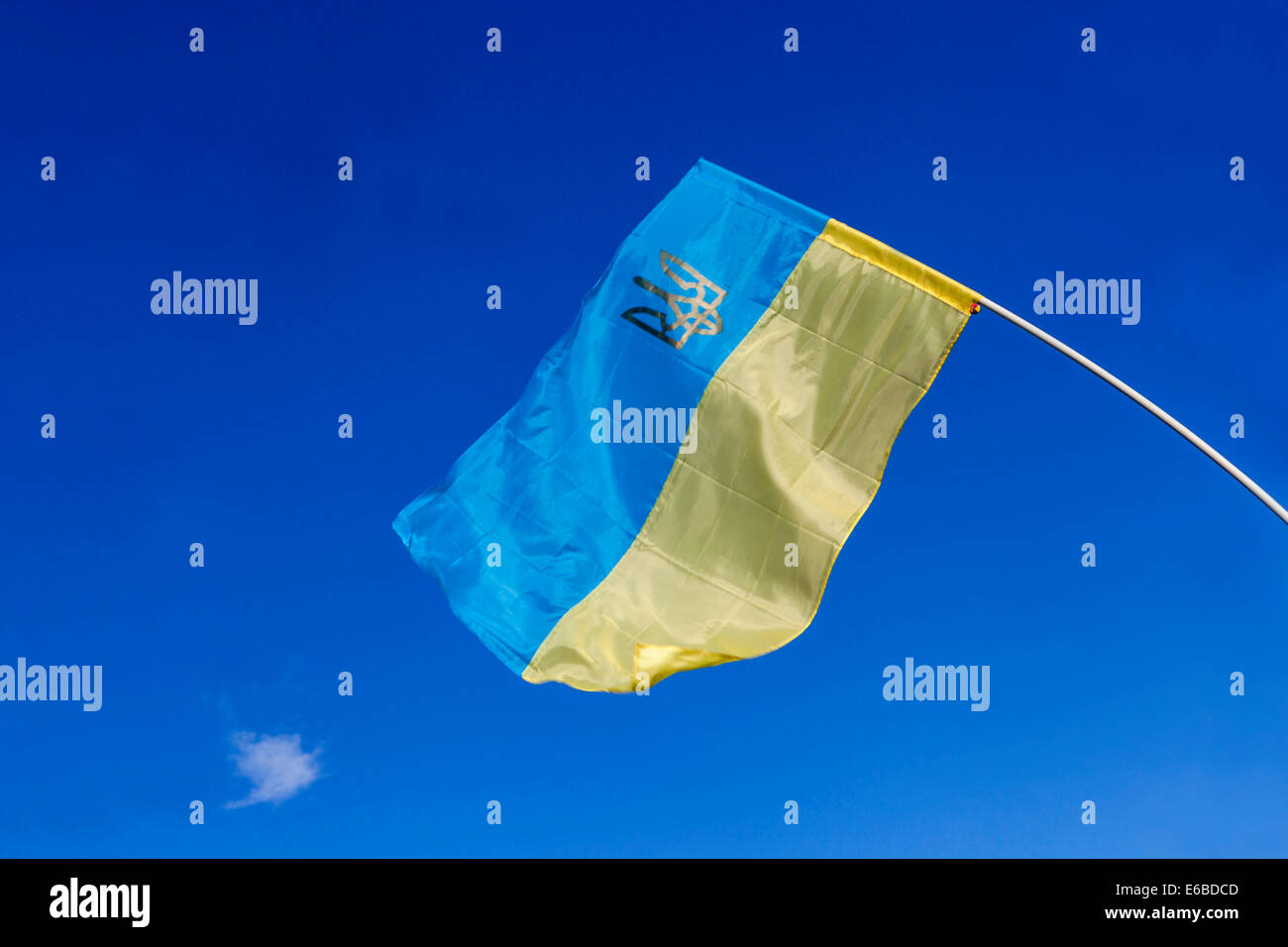 Ukrainische Flagge, die im Wind weht, mit einer dreizackig ukrainischen Flagge Stockfoto