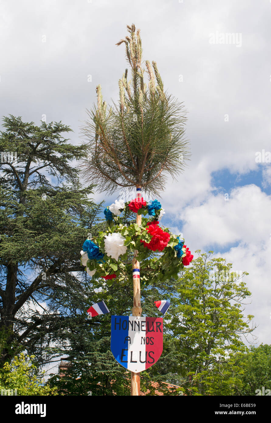 Plantation du Mai oder Baum von Mai Feier zu Ehren der Mandatsträger Sanguinet, Aquitaine, Frankreich, Europa Stockfoto