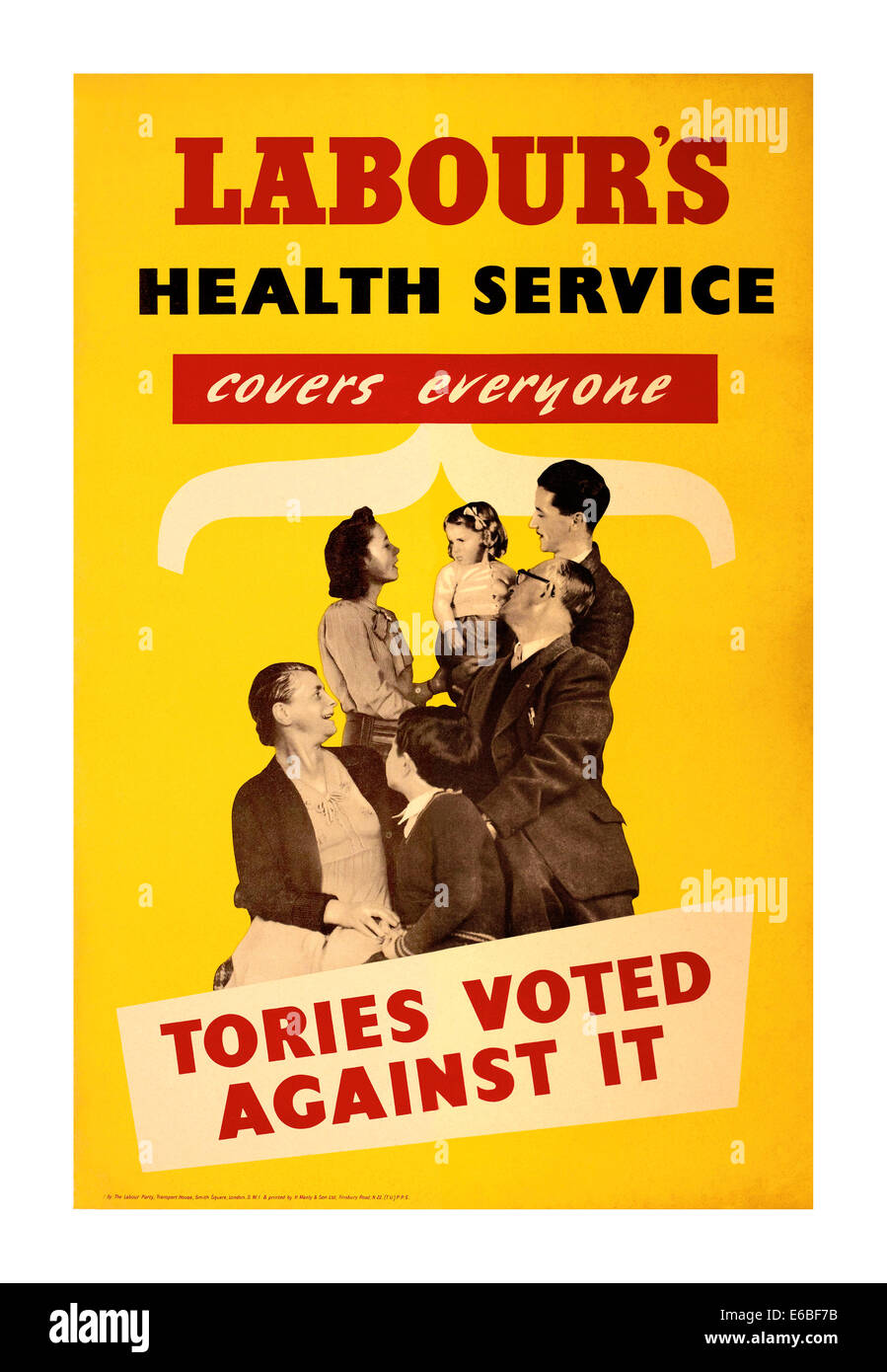 Vintage NHS 1948 UK Post war Poster zur Förderung der Labour's Health Service Initiative für britische Familien ‘deckt alle’ den National Health Service ab Stockfoto