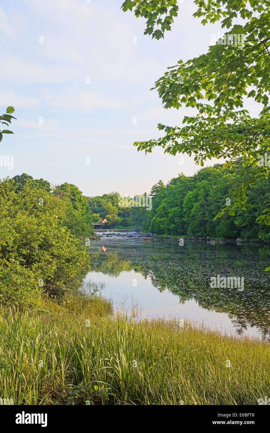 Blick auf einen Fluss in Frankfort Maine mit Laub an den Ufern und Reflexionen auf dem Wasser. Stockfoto