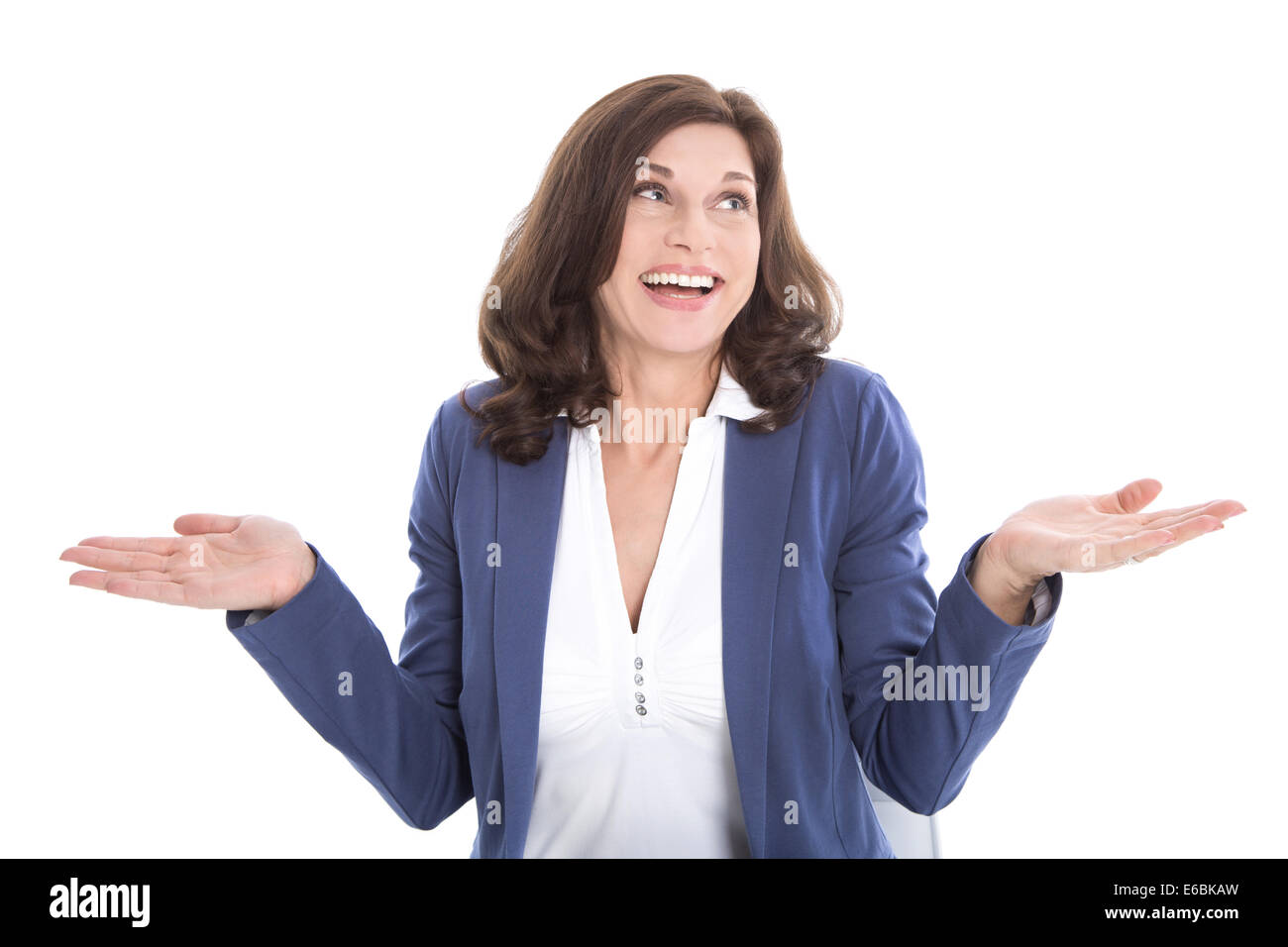 Glücklich isoliert senior Frau in blauer Jacke auf weißem Hintergrund. Stockfoto