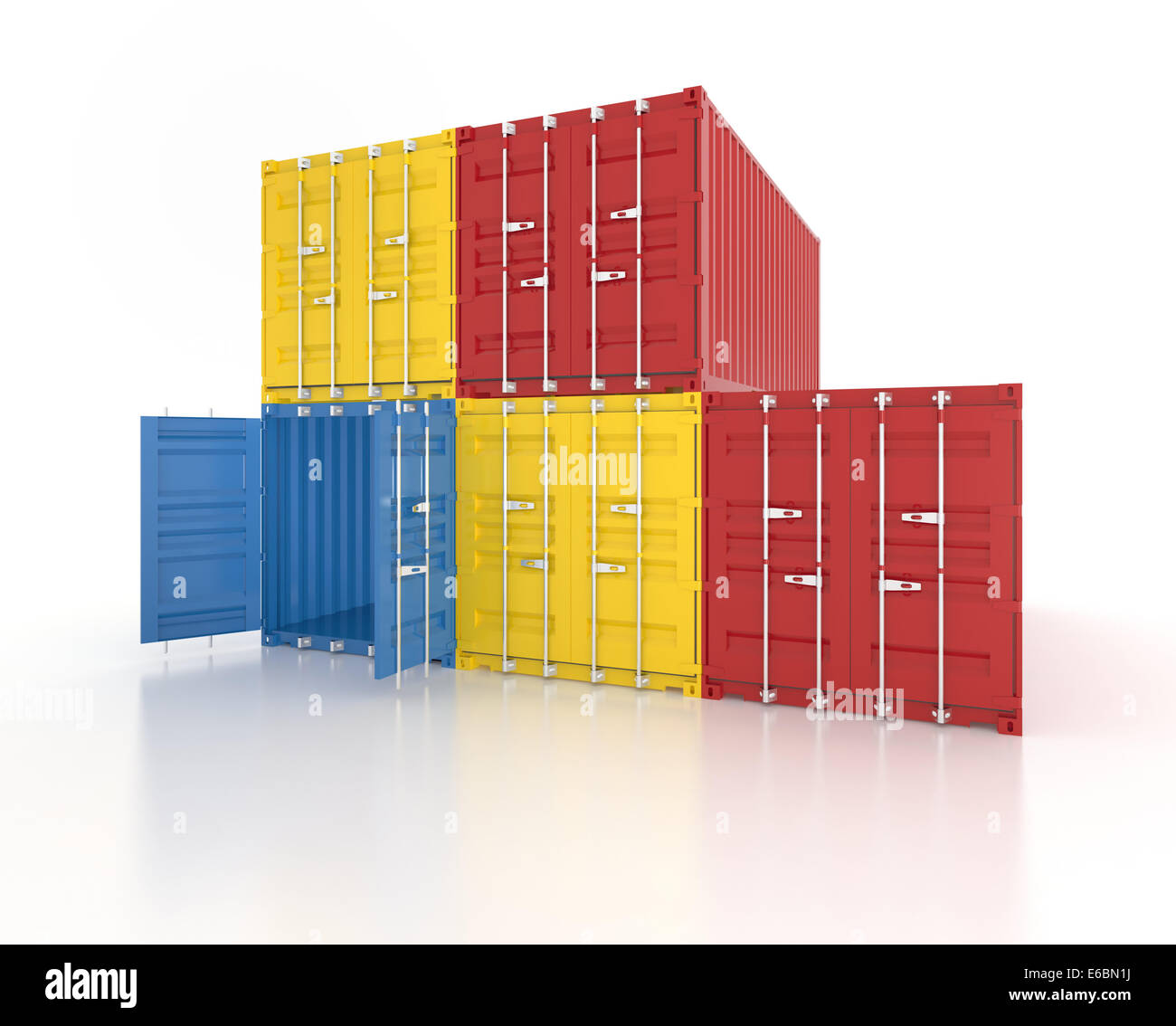 Satz von roten, blauen und gelben Metall Fracht Container auf weißem Hintergrund - fotorealistische 3d Perspektive Rendern Stockfoto