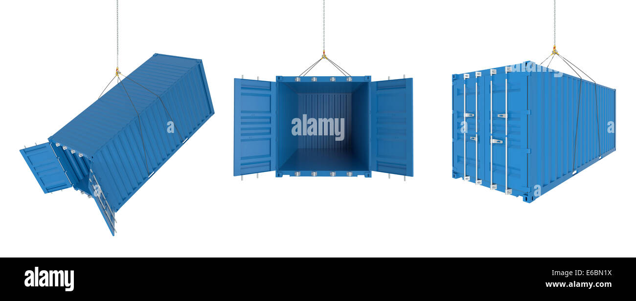 Satz von Metall Fracht-Container an den Haken in verschiedenen Positionen, blaue Farbe - fotorealistische 3d Perspektive Stockfoto