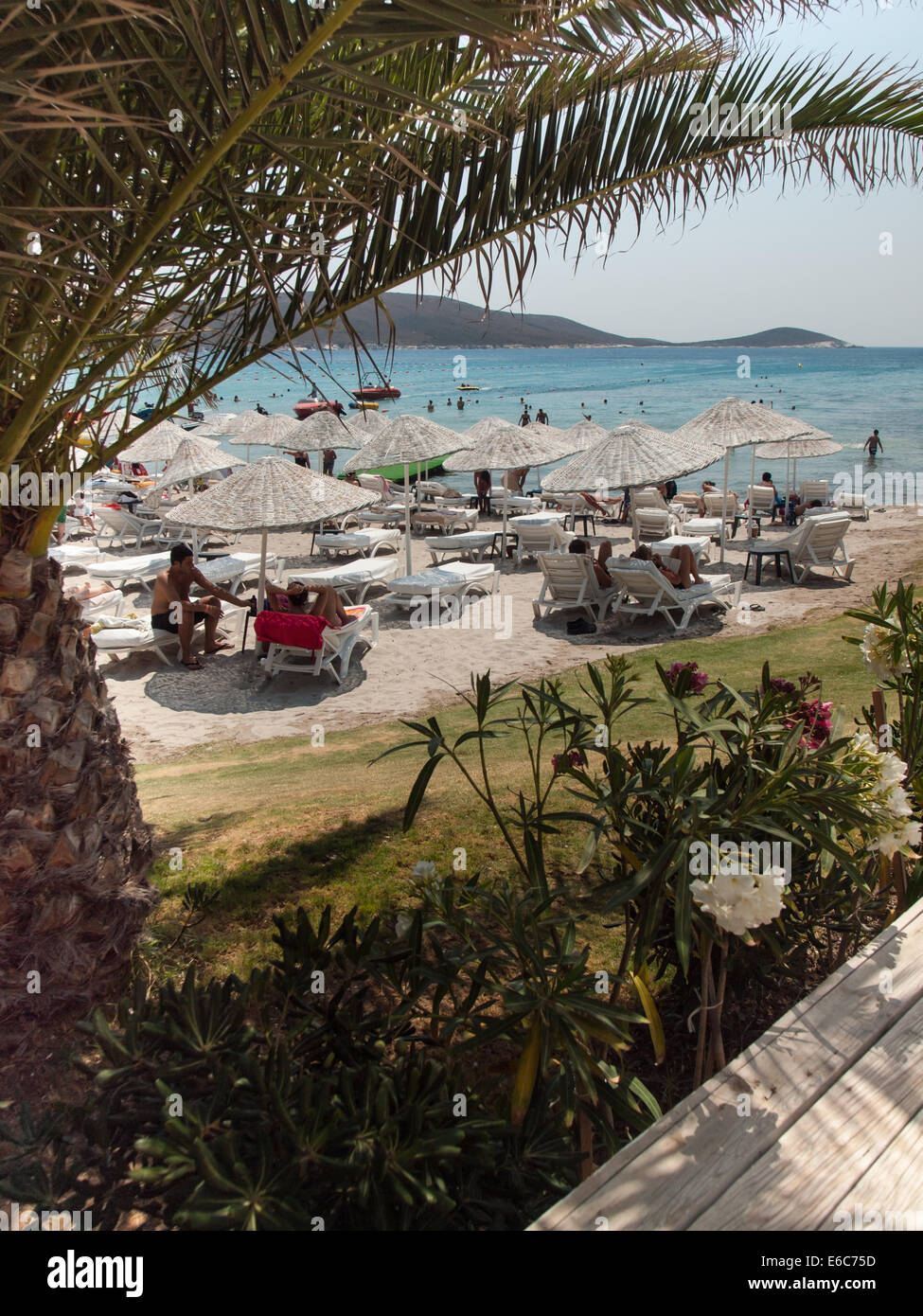 Cesme, Türkei, 2. August 2014: Touristenstrand auf der Cesme-Halbinsel in der Hochsaison durch Palmen gesehen. Stockfoto