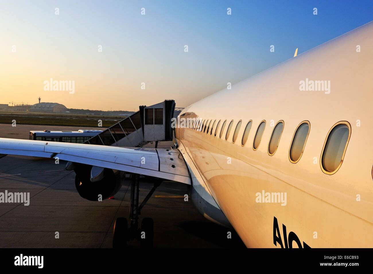Stationäre Flugzeug auf Asphalt bei Sonnenaufgang Stockfoto
