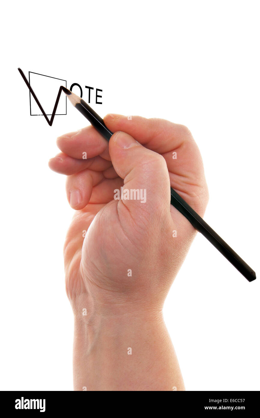 Kontrollkästchen mit Bleistift in der Hand isoliert auf weißem Hintergrund Stockfoto