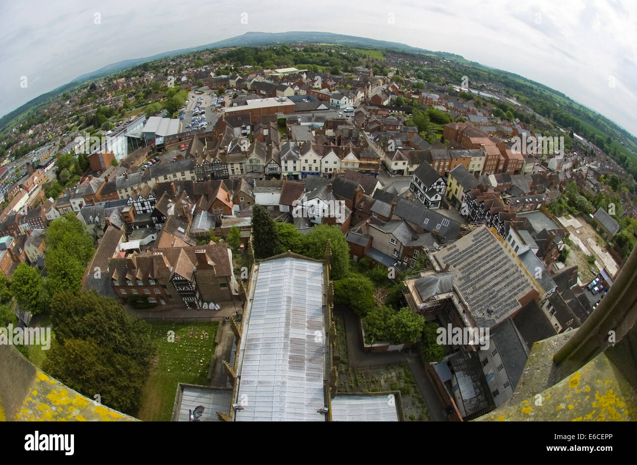 Vogelperspektive auf Ludlow und die Shropshire Hügel von der Spitze der Pfarrei Kirche der St. Laurence, Ludlow Stockfoto