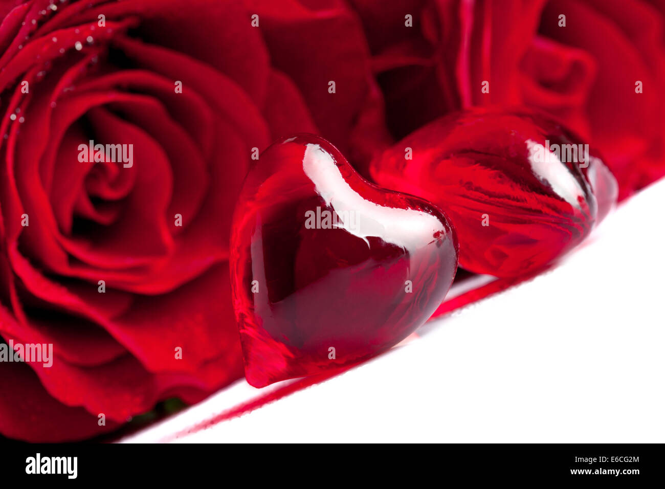 Rotes Herz mit Rose Blumen, konzentrieren sich auf den Vordergrund Stockfoto
