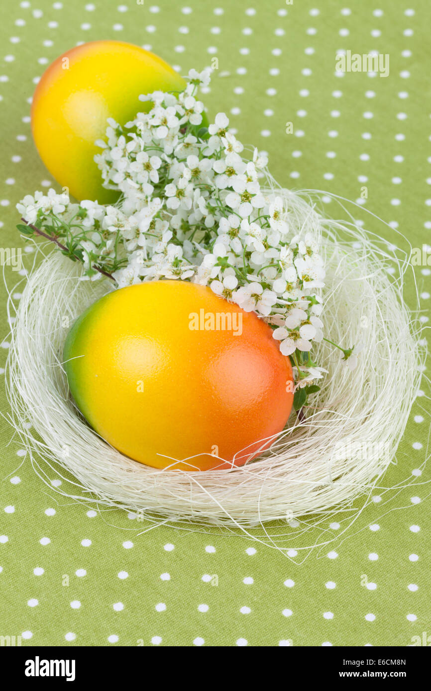 Oster-Nest-Deko auf grünen Tupfen Tischdecke Stockfoto
