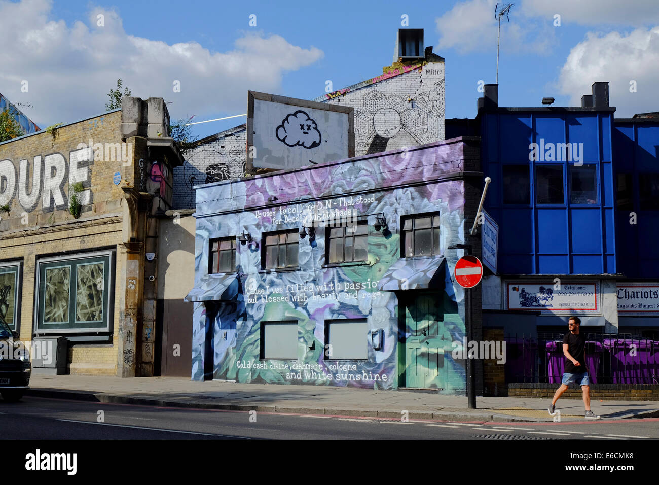 Street Art auf Gebäude in Shoreditch, London Stockfoto