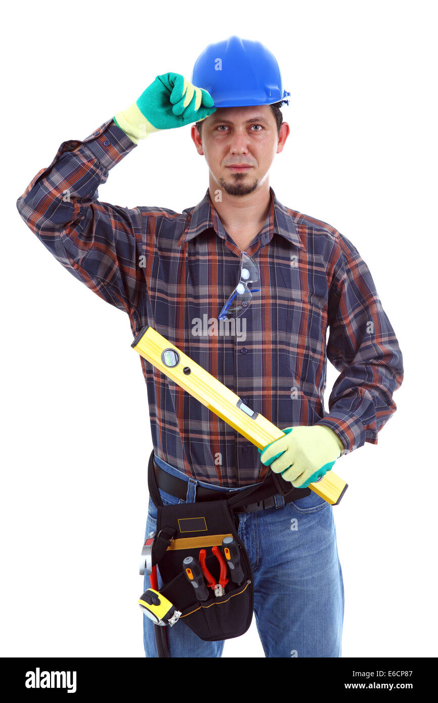 Tischler tragen Toolbelt Bauarbeiterhelm auf dem weißen Hintergrund.  Isolated on White Stockfoto