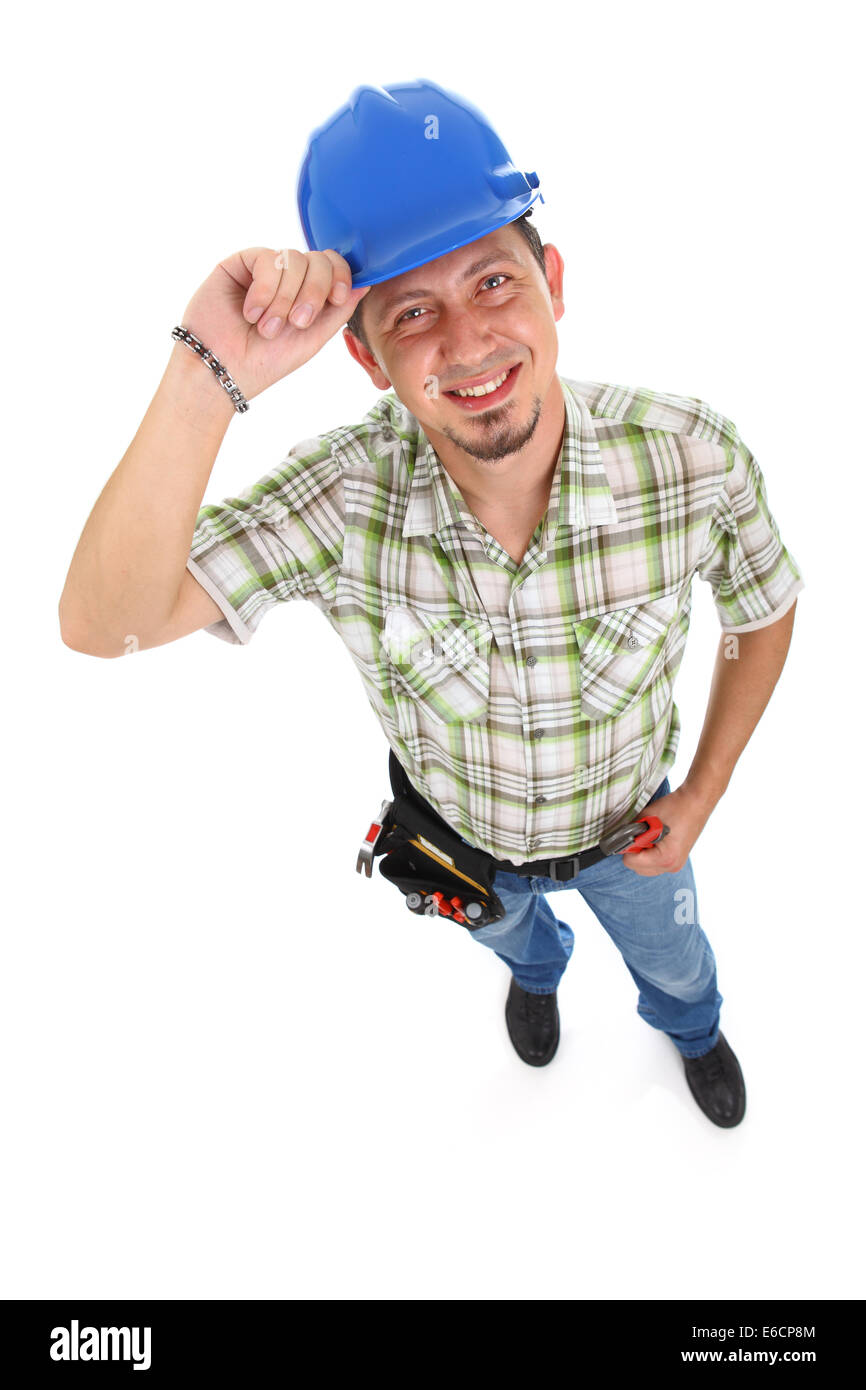 Tischler tragen Werkzeuggürtel Hardhat Isolated on White. Stockfoto