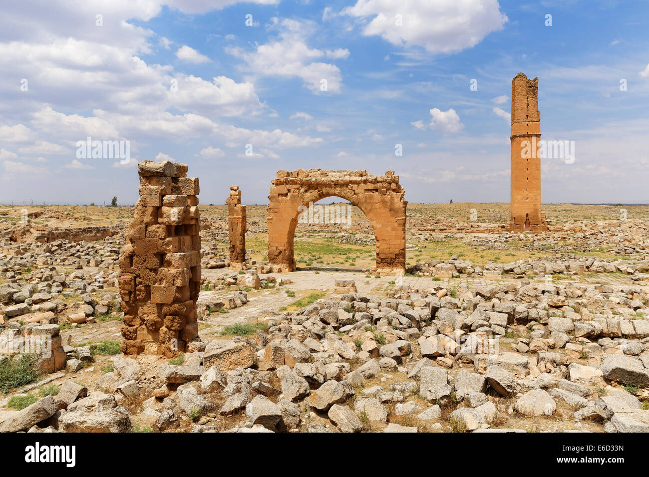 Ruinen der alten Universität Harran und das Minarett der großen Moschee oder Ulu Camii, Harran, Şanlıurfa Provinz Stockfoto