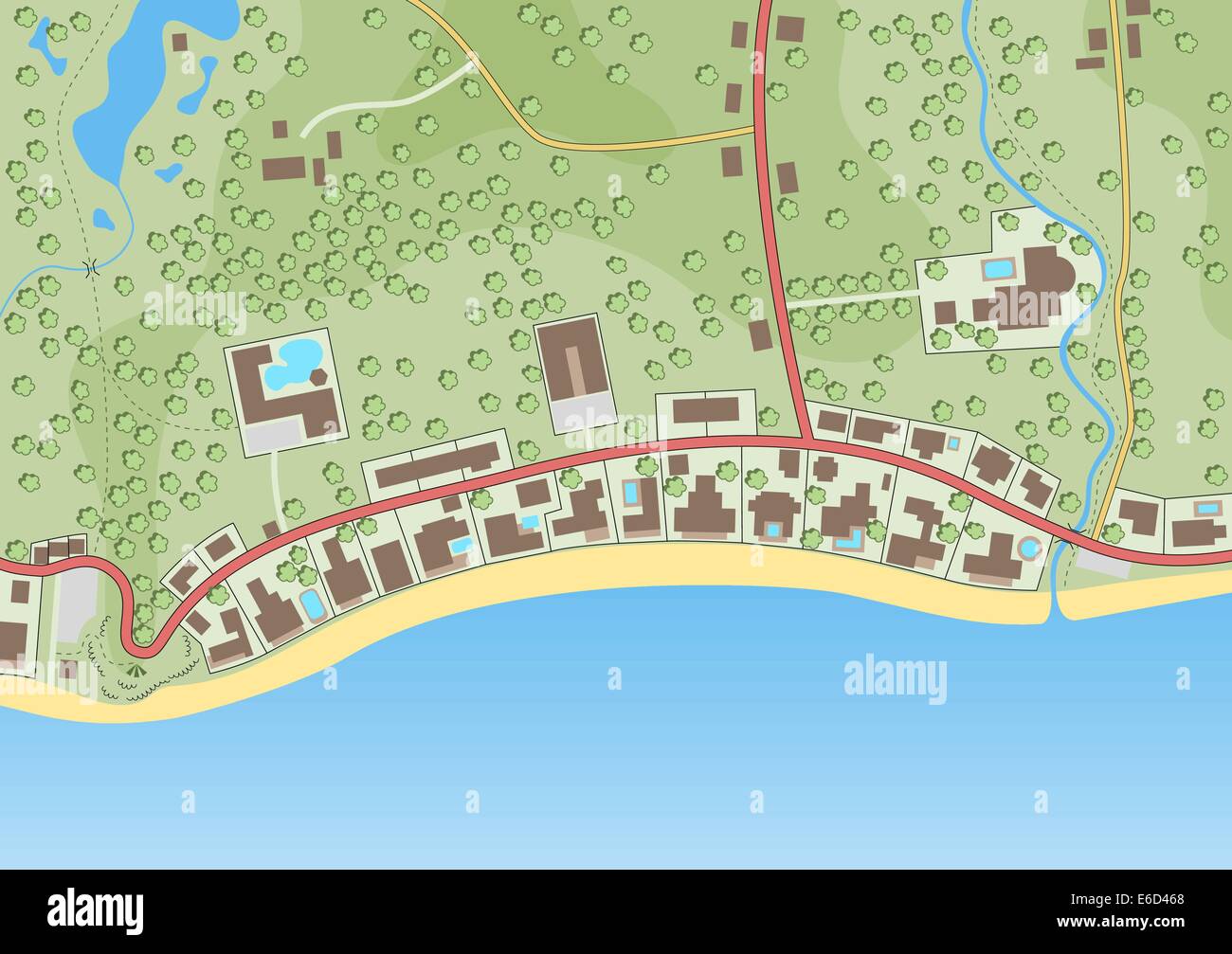 Bearbeitbares Vektor-Illustration einer generischen Karte exklusive Häuser direkt am Strand Stock Vektor
