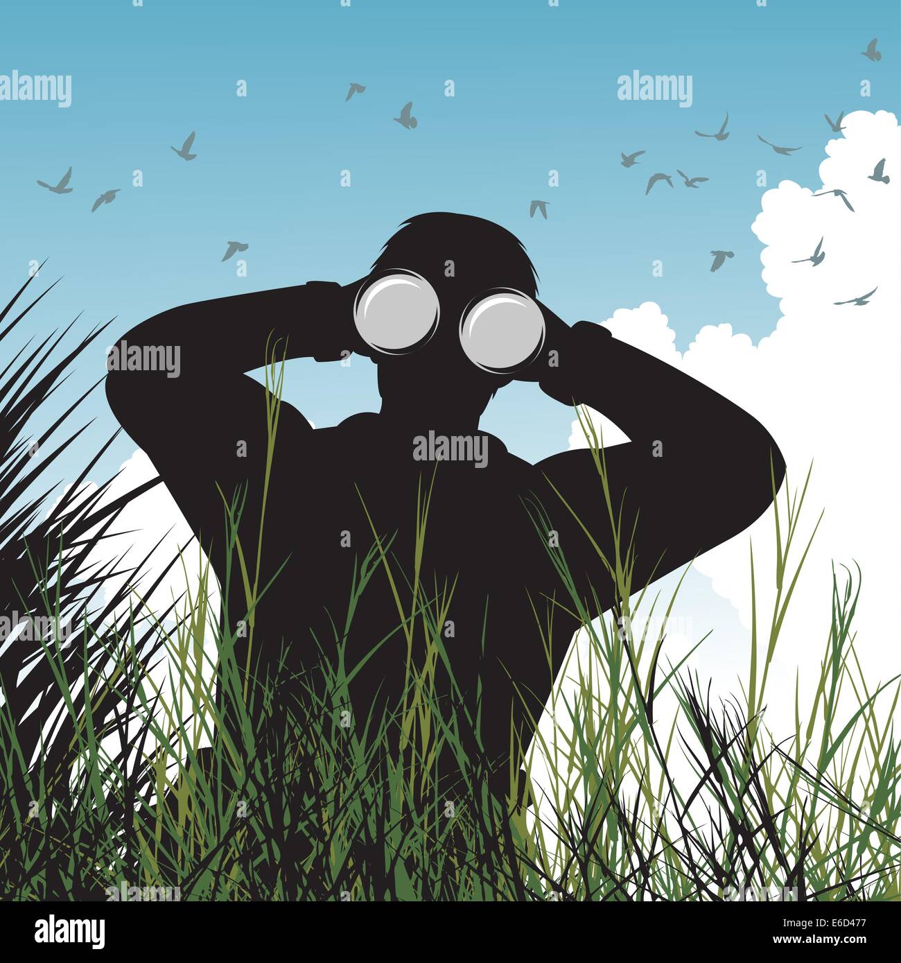 Bearbeitbares Vektor-Illustration eines Mannes mit dem Fernglas Vogelbeobachtung Stock Vektor