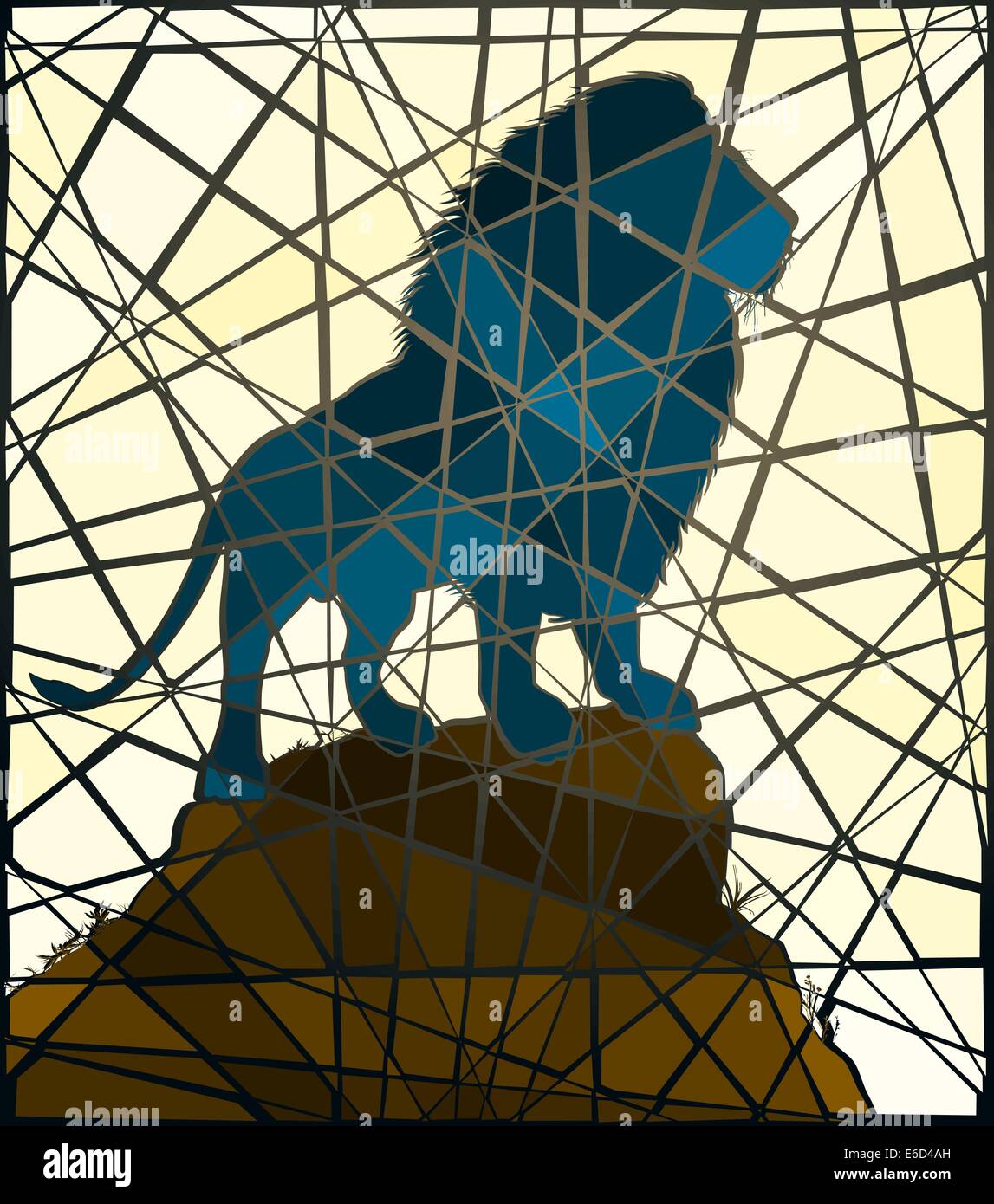 Editierbare Vektorgrafik Mosaik ein männlicher Löwe steht auf einem Felsvorsprung Stock Vektor