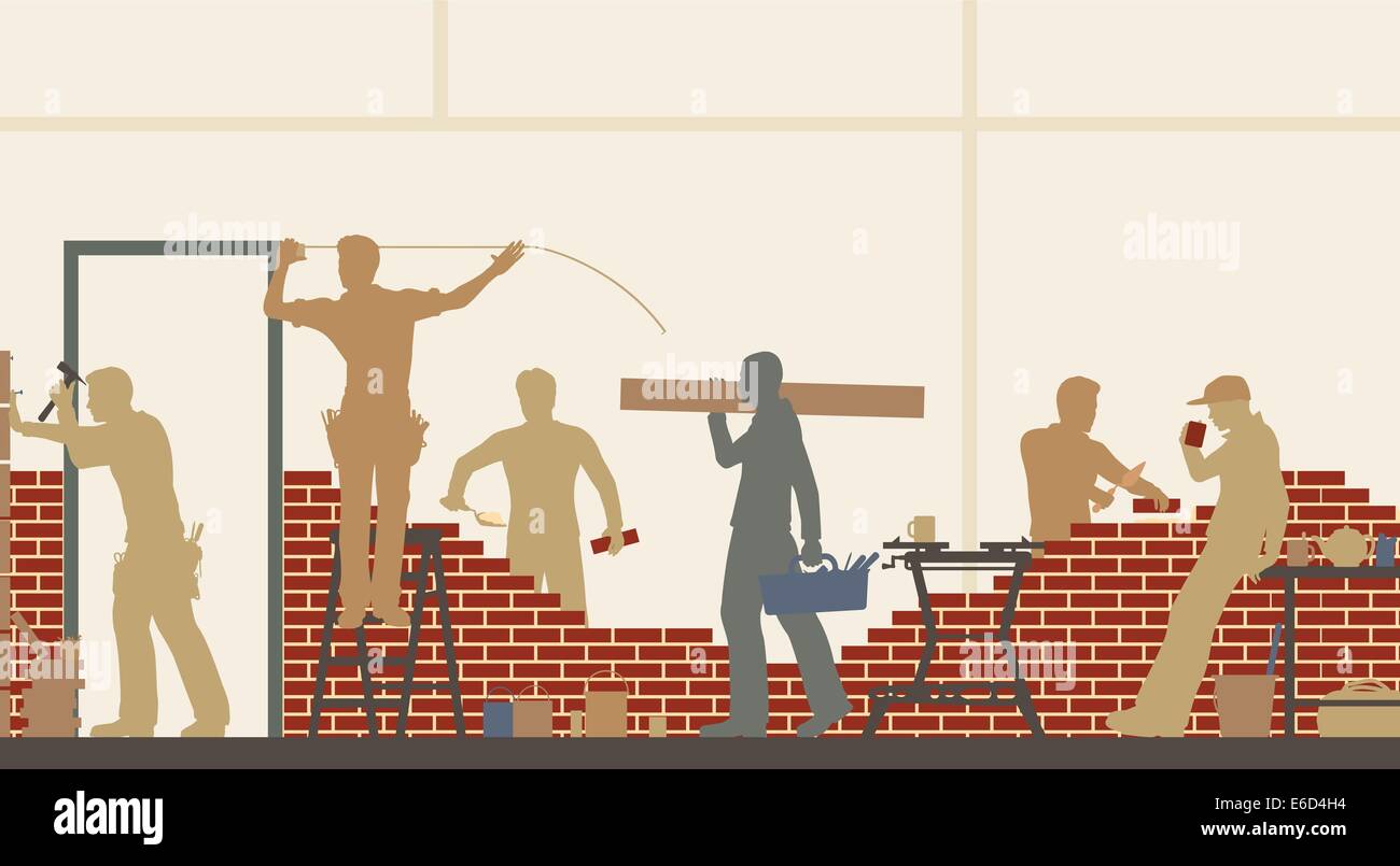 Bearbeitbares Vektor-Illustration von Bauarbeitern auf einer Baustelle Stock Vektor