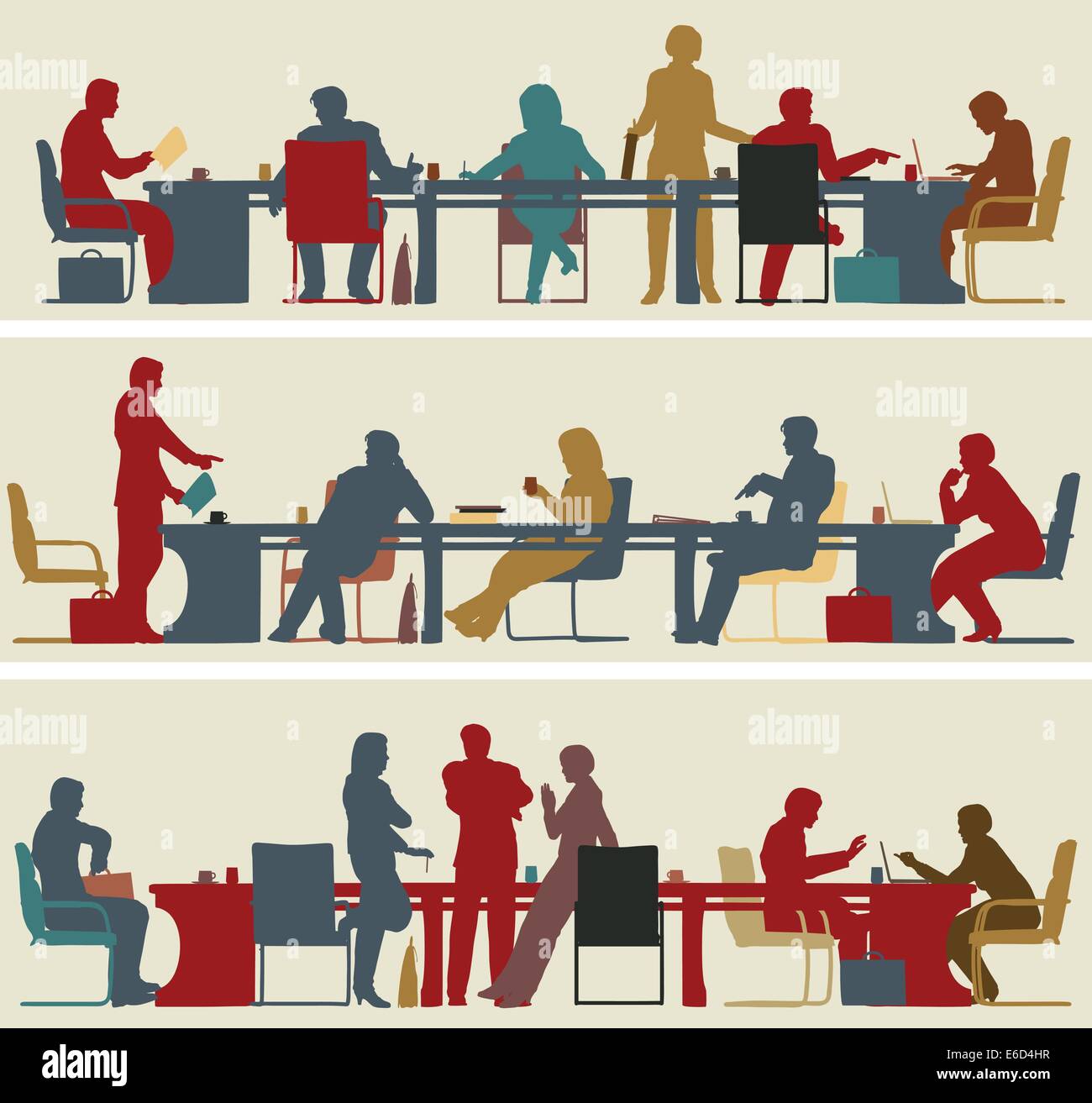 Satz von drei illustrierte Vordergrund Silhouetten von bunten Business-meetings Stock Vektor