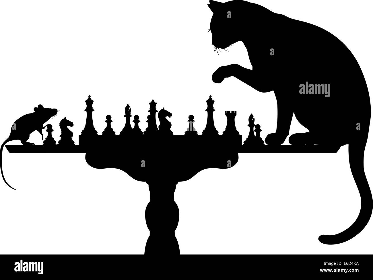 Editierbare Vector Silhouetten von einem Katz und Maus spielen Schach mit allen Elementen als separate Objekte Stock Vektor