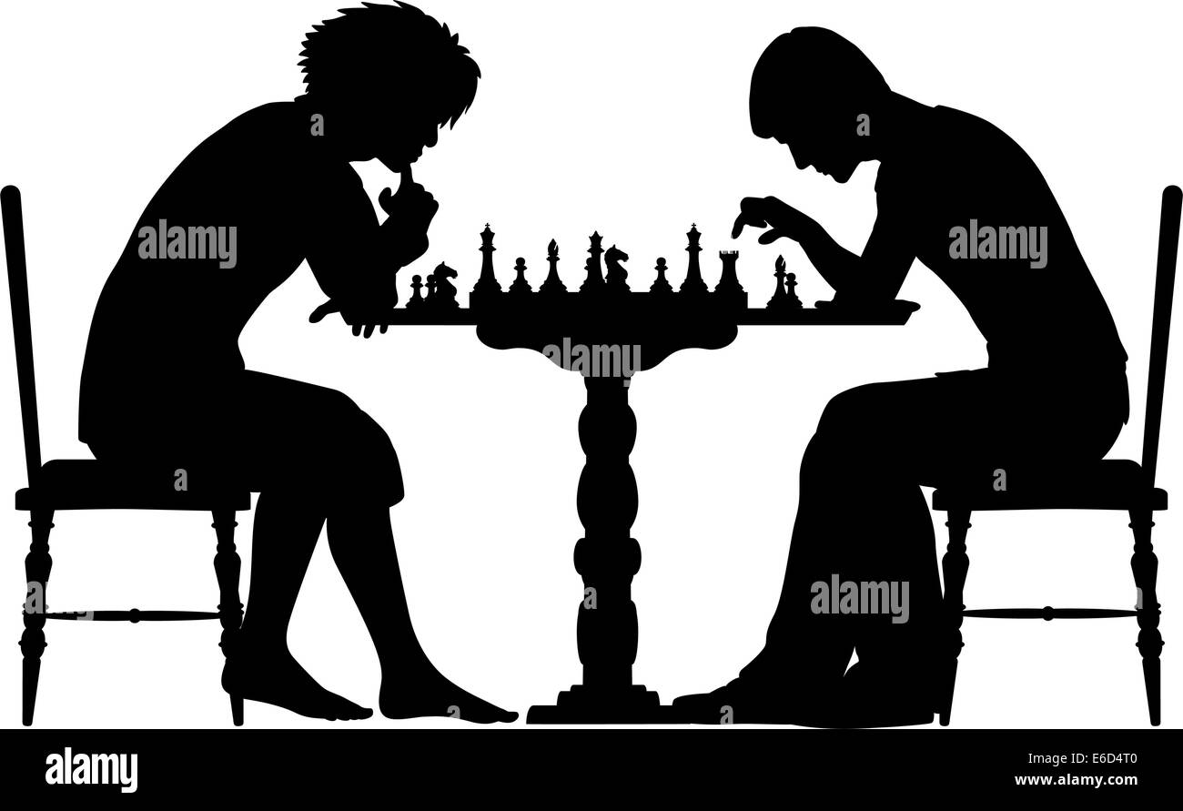 Editierbare Vector Silhouetten von zwei Männer spielen Schach mit allen Elementen als separate Objekte Stock Vektor