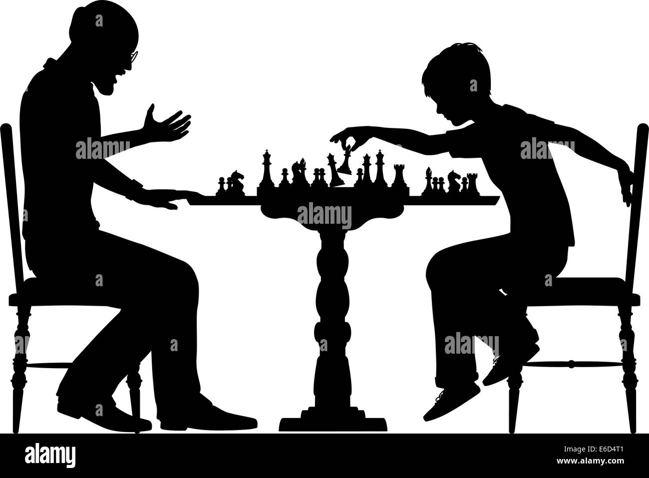Bearbeitbares Vektor Silhouette eines kleinen Jungen gegen einen Mann beim Schach mit allen Elementen als separate Objekte Stock Vektor