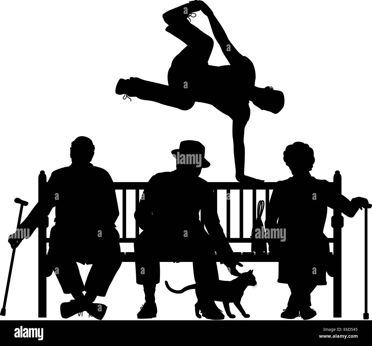 Bearbeitbares Vektor Silhouette eines jungen Mannes Voltigieren über drei ältere Menschen auf einer Parkbank mit allen Elementen als separate Zielen Stock Vektor