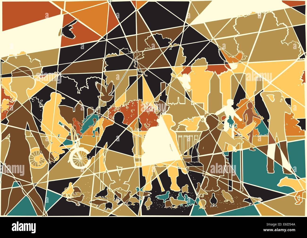 Editierbare Vektorgrafik buntes Mosaik von Menschen und Tauben in einem belebten städtischen park Stock Vektor
