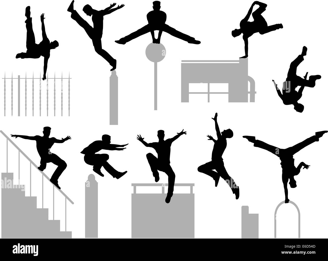 Satz von bearbeitbaren Vector Silhouetten eines Mannes tut parkour Stock Vektor