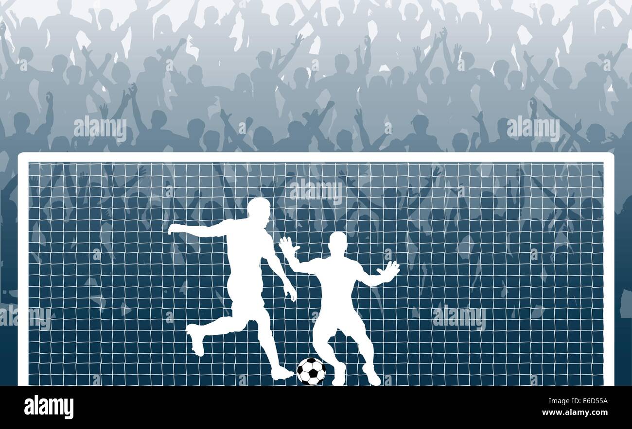 Bearbeitbares Vektor-Illustration von einer jubelnden Menge beobachten einen Elfmeter in einem Fußballspiel kick Stock Vektor