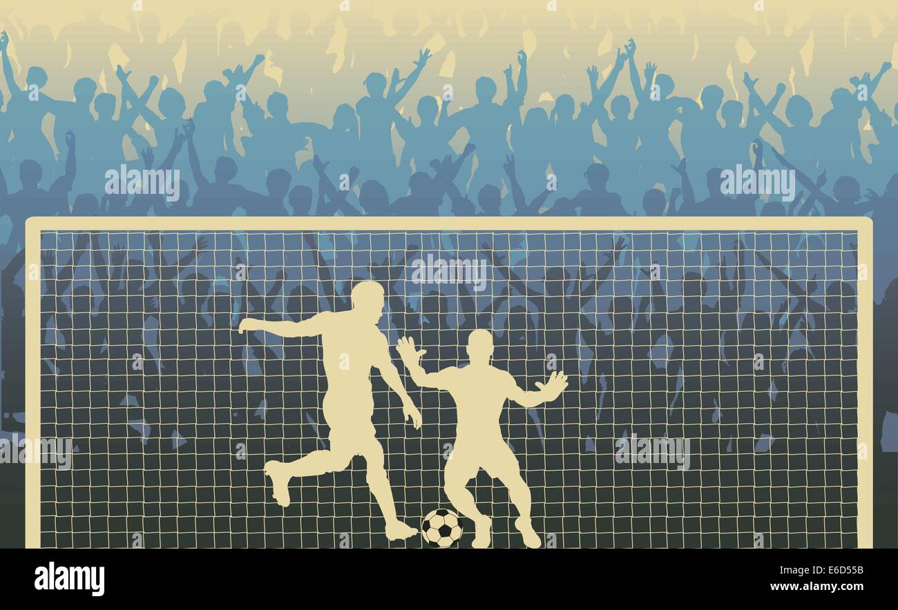 Bearbeitbares Vektor-Illustration von einer jubelnden Menge beobachten einen Elfmeter in einem Fußballspiel kick Stock Vektor