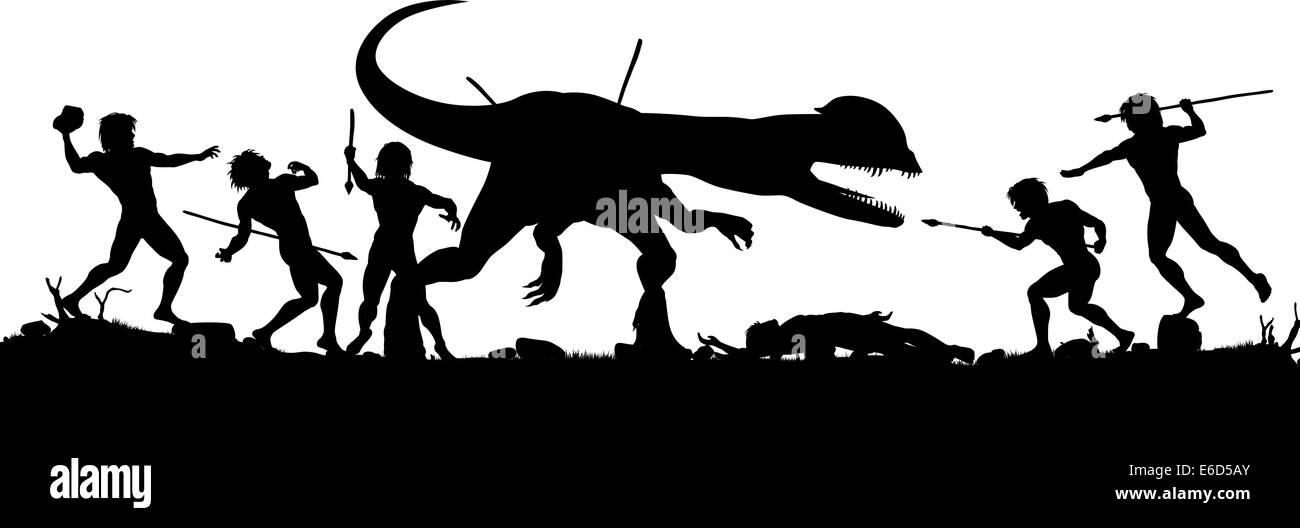 Bearbeitbares Vektor Silhouette des Höhlenmenschen kämpfen eine Dilophosaurus Dinosaurier mit allen Elementen als separate Objekte Stock Vektor