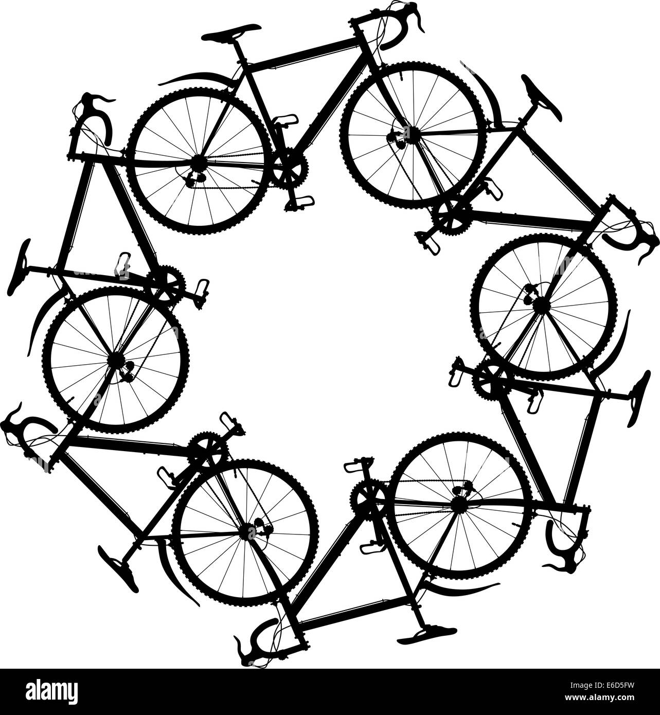 Bearbeitbares Vektor-Illustration von sechs generische Fahrrad Silhouetten stiess einen sechseckigen ring Stock Vektor