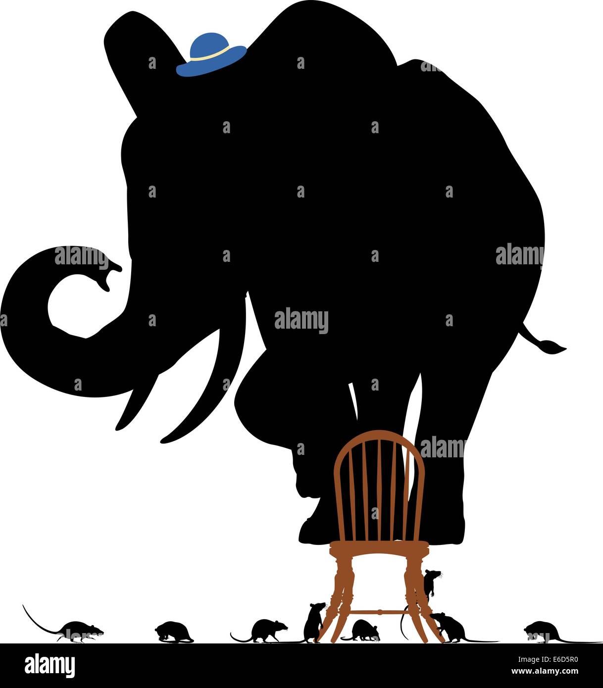 Editierbare Vector Silhouetten von einem verängstigten Elefanten auf einem Stuhl, umgeben von Ratten Stock Vektor