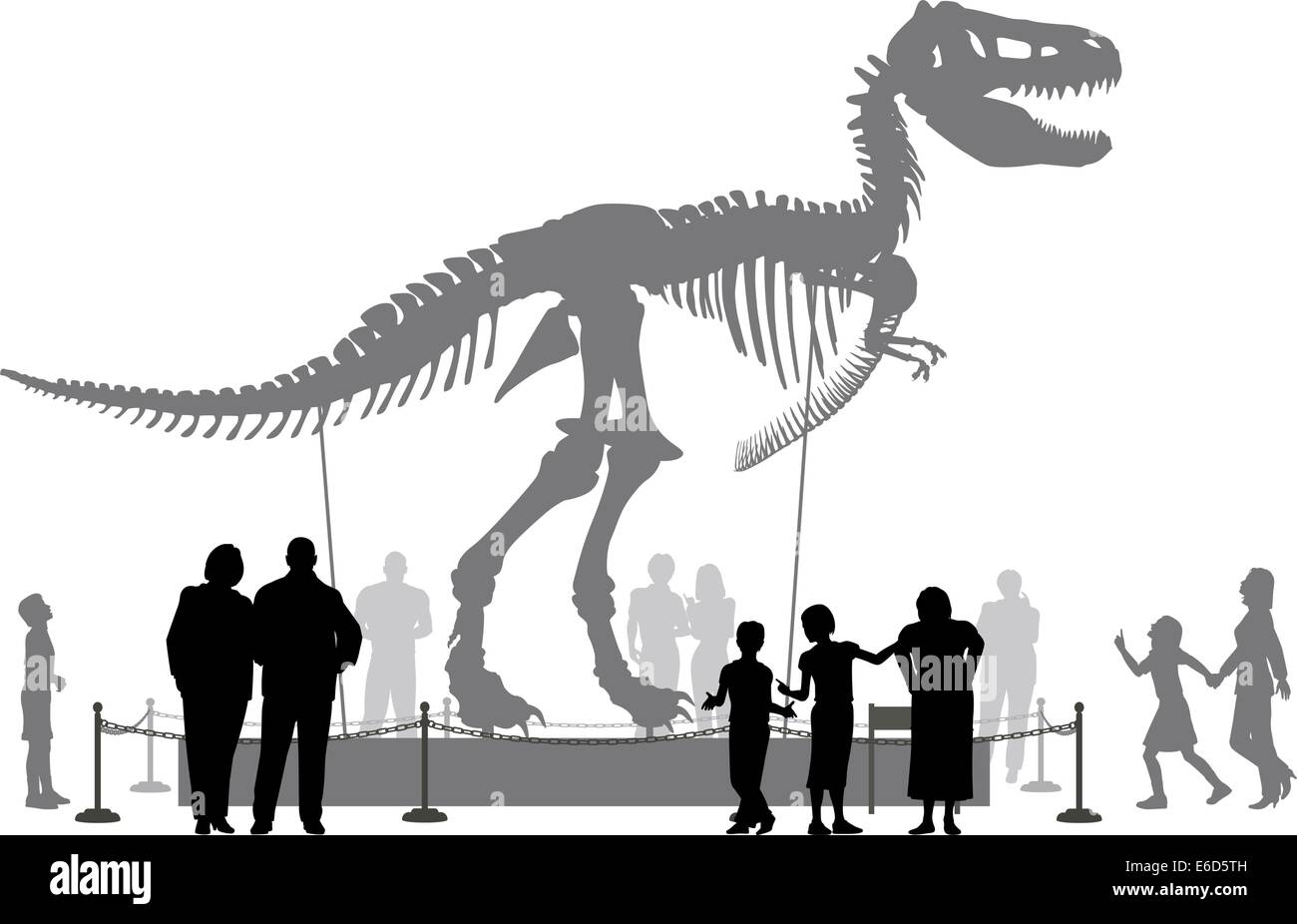 Bearbeitbares Vektor Silhouetten von Menschen betrachten ein Tyrannosaurus Rex Skelett in einem museum Stock Vektor