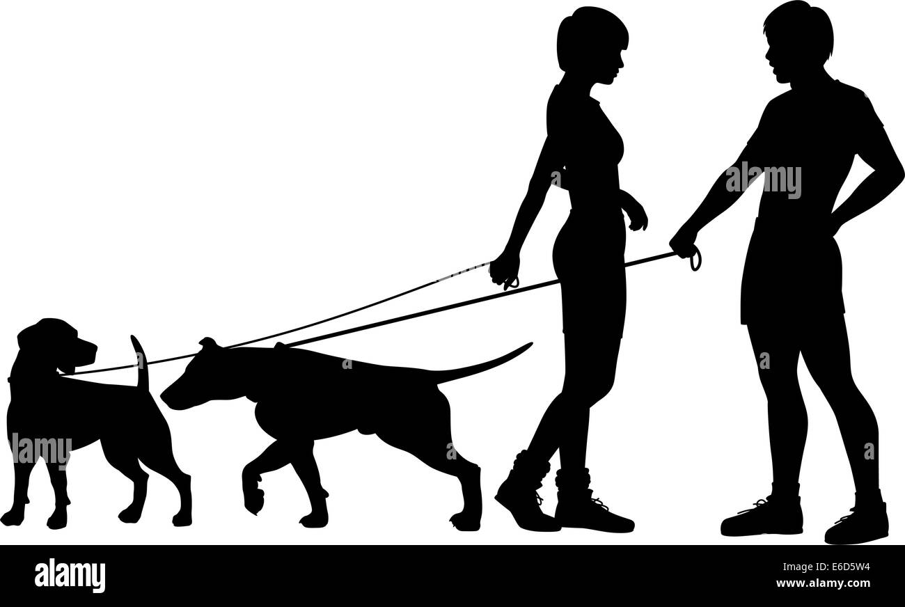 Editierbare Vector Silhouetten von Mann und Frau und ihre Hunde Interaktion Stock Vektor