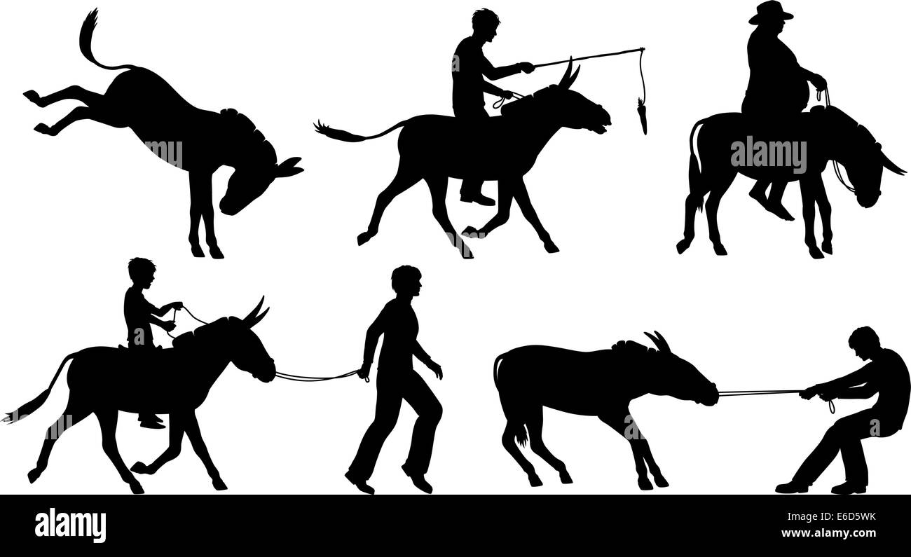 Satz von bearbeitbaren Vector Silhouetten von Eseln und Menschen in verschiedenen Situationen mit allen Zahlen als separate Objekte Stock Vektor