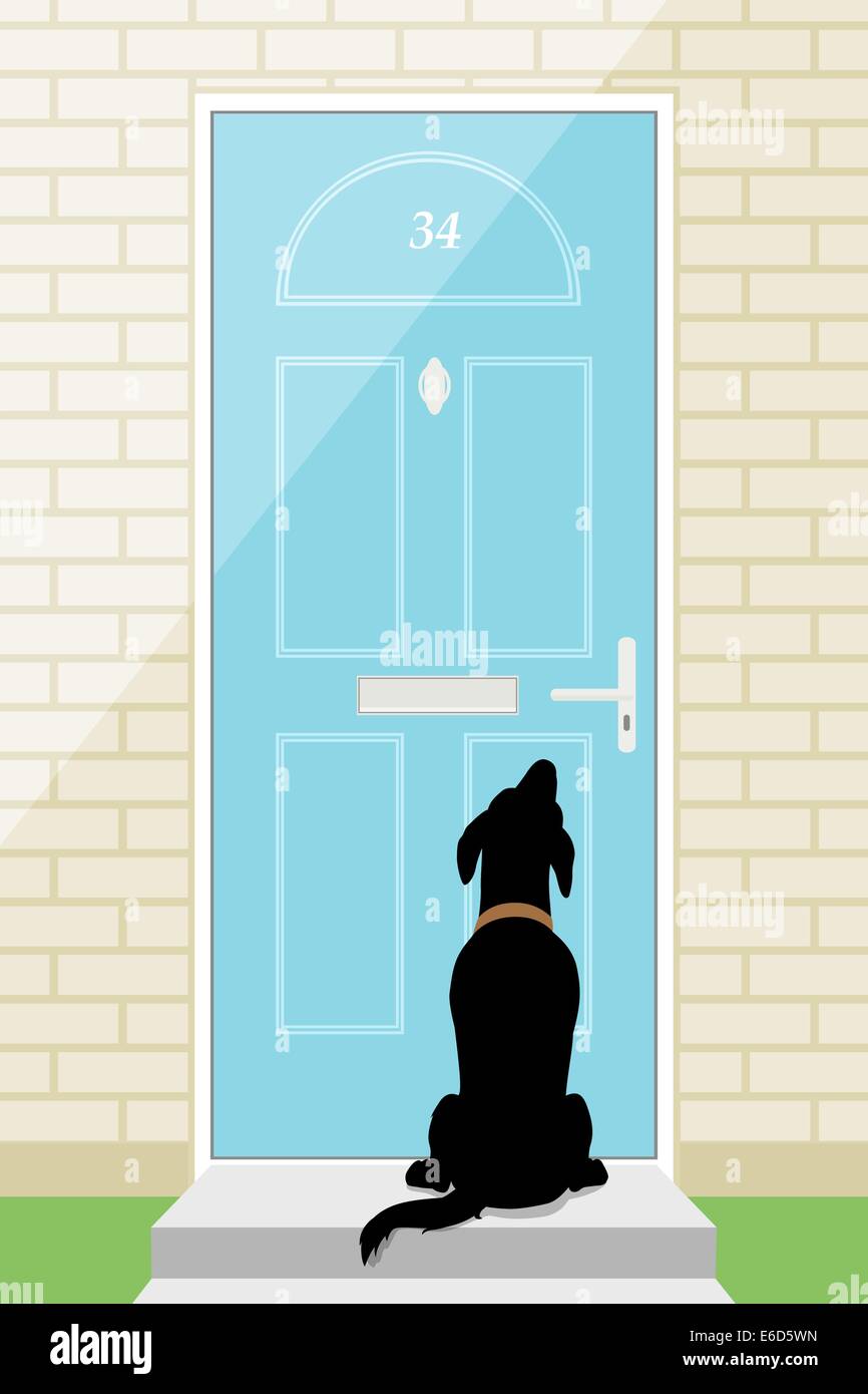Bearbeitbares Vektor-Illustration ein Hund wartet vor einer Haustür Stock Vektor