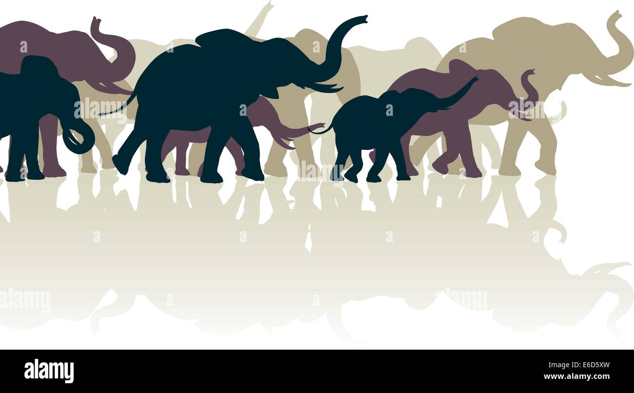 Bearbeitbares Vektor-Illustration eines Elefanten Herde mit Reflexionen Stock Vektor