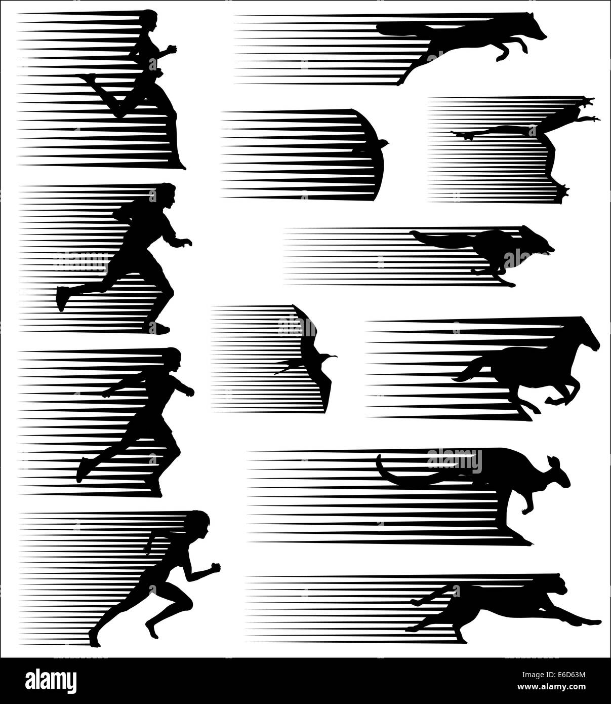 Satz von bearbeitbaren Vector Silhouetten von schnell bewegenden Menschen und Tieren Stock Vektor