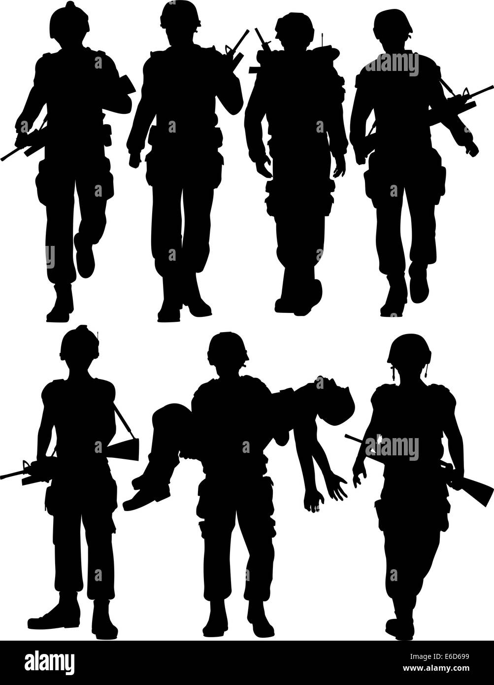 Editierbare Vector Silhouetten von Soldaten zu Fuß-Set Stock Vektor