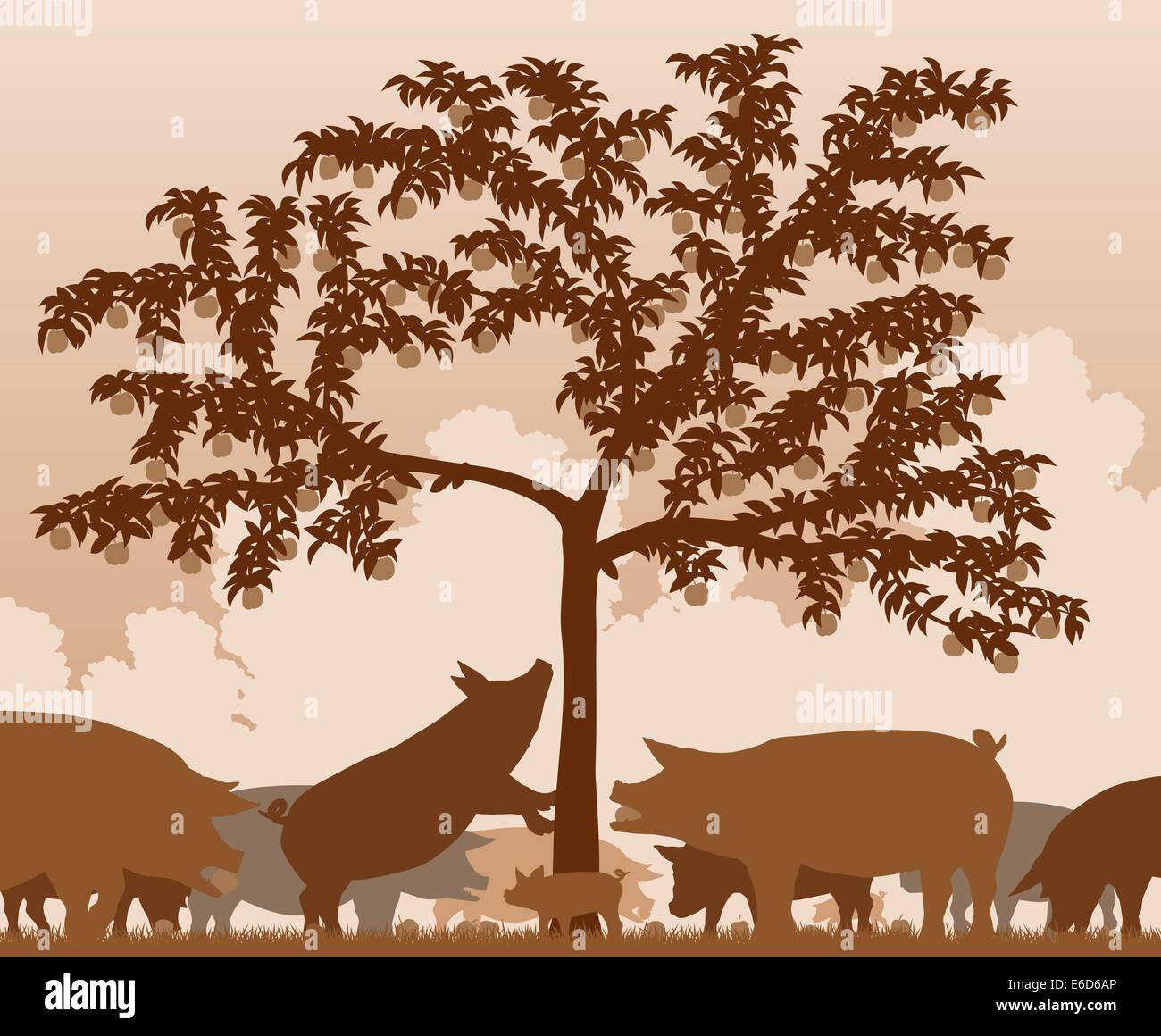 Bearbeitbares Vektor-Illustration von freilaufenden Schweinen Fütterung unter einem Apfelbaum mit allen Zahlen als separate Objekte Stock Vektor