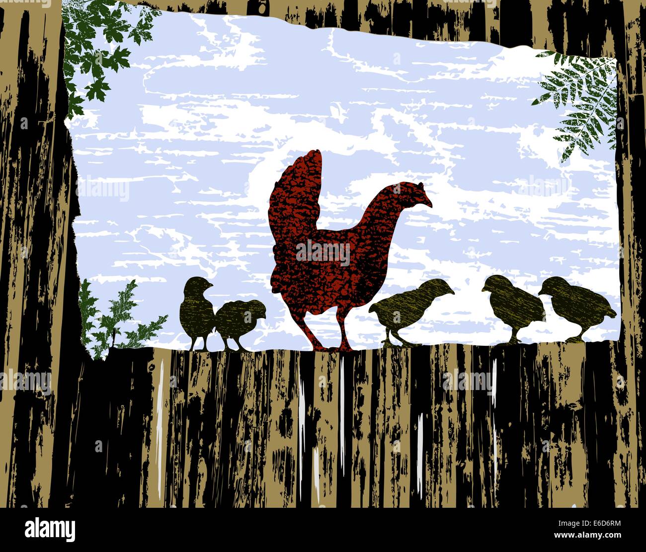 Vektor-Illustration ein Huhn und Hicks in einem Stall Fenster Stock Vektor