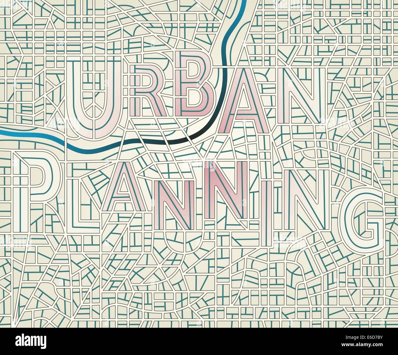 Bearbeitbare Vektorkarte einer generischen Stadt mit Straßen, die Rechtschreibung der Wörter "Stadtplanung" Stock Vektor