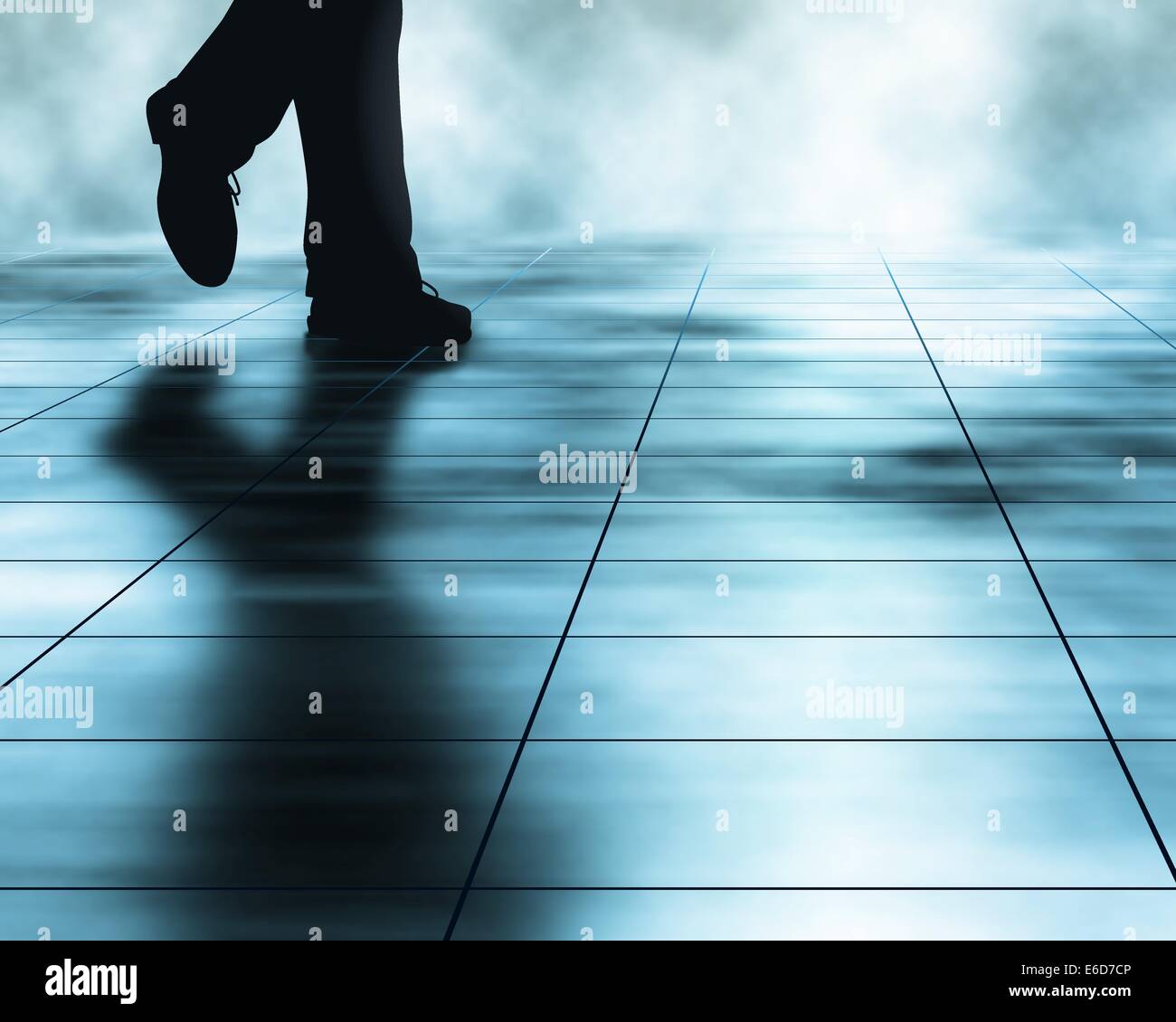 Bearbeitbares Vektor-Illustration eines Mannes zu Fuß über einen Fliesenboden mit einem Verlaufsgitter hergestellt Stock Vektor