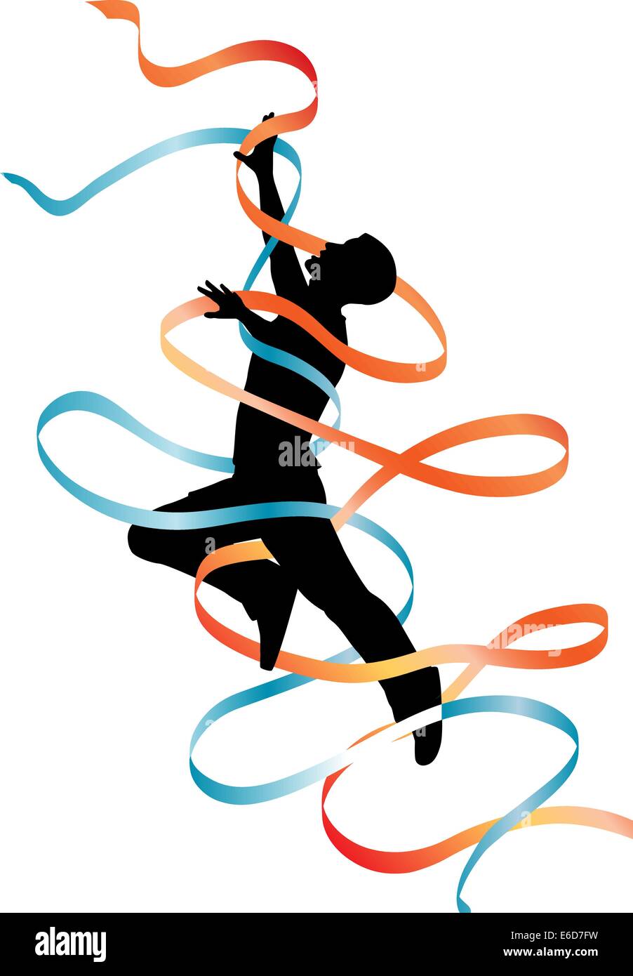 Bearbeitbares Vektor Silhouette eines springenden Menschen mit fließenden Bändern Stock Vektor